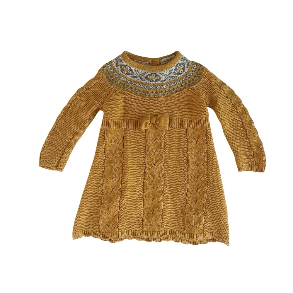 Cynthia Rowley Girls' Size 6-9 Months Sweater Dress Yellow 100% Cotton Bow Knit
